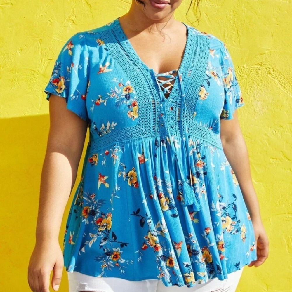 Torrid Floral Lace Up Babydoll Top Plus Size 2